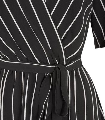 Black Stripe Short Sleeve Wrap Dress ...